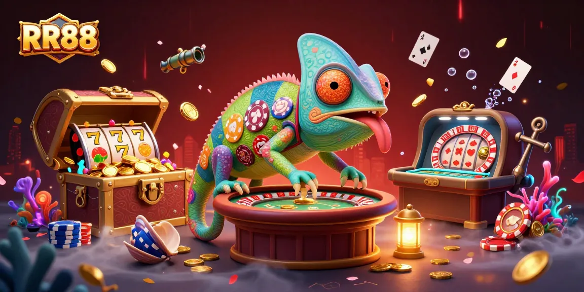 RR88 chameleon casino owner capturing golden coins in a vibrant, dynamic casino illustration