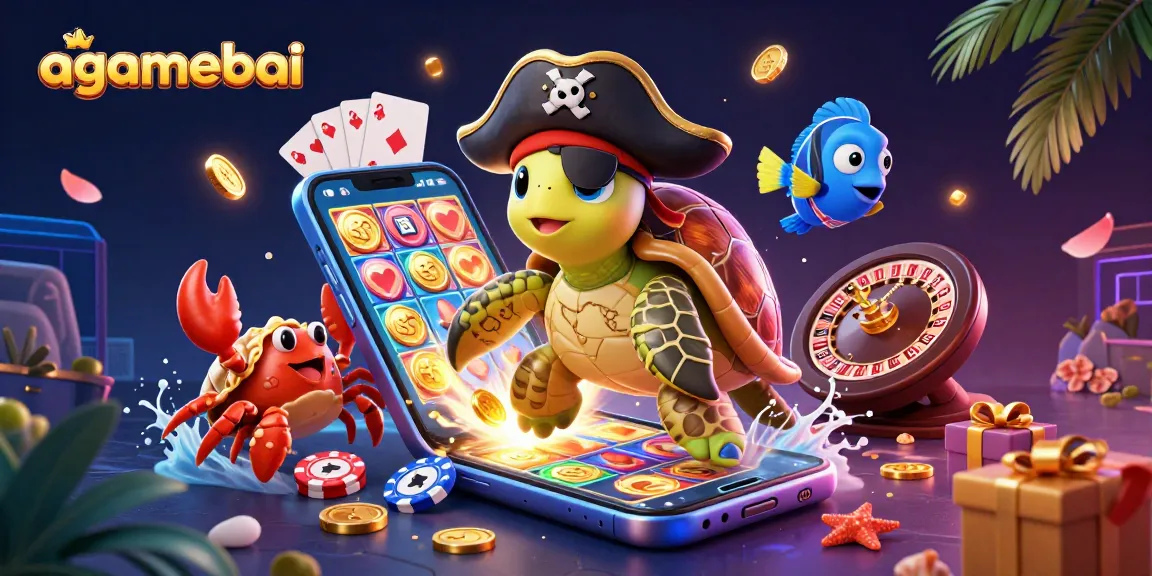 Play and win with agamebai as pirate turtle explores vibrant casino treasures and gambling adventures.