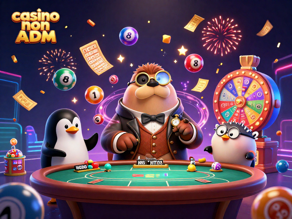 Il walrus e il dealer di casino non ADM giocano a poker mentre numeri della lotteria danzano attorno a loro.