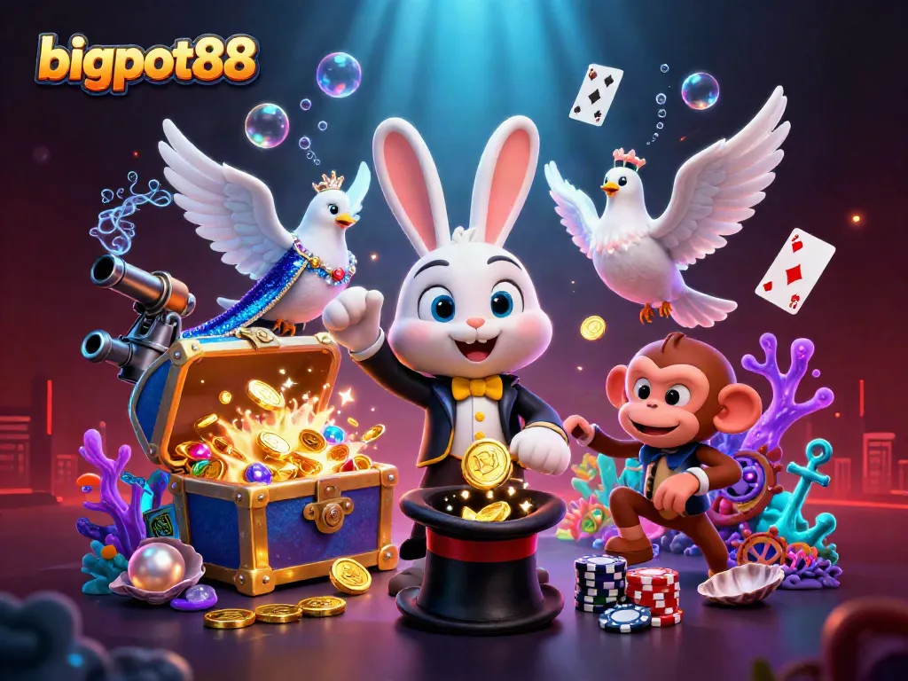 Bigpot88 menampilkan kelinci penyihir 3D yang menarik koin emas dan karakter lucu lainnya dalam ilustrasi kasino.