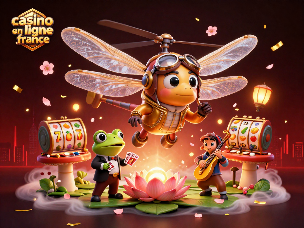 Les jeux captivants de casino en ligne France avec un pilote de libellule et un croupier grenouille interagissant.