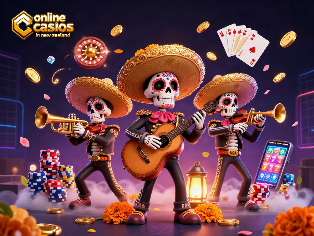 Engage in thrilling games at online casinos in New Zealand with vibrant mariachi skeletons surrounded by casino elements.