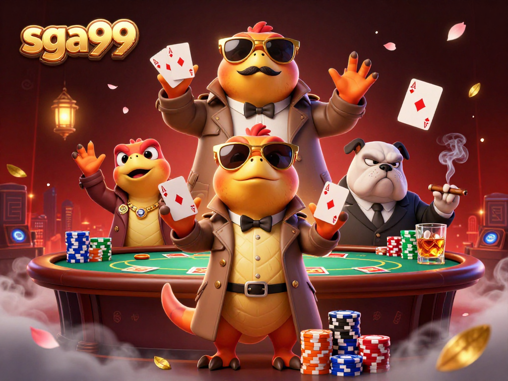Sga99 players strategizing around a vibrant poker table in a VIP casino setting, showcasing excitement and thrill.