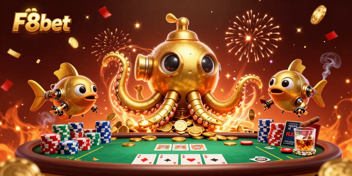 Experience high-stakes excitement with F8bet in this casino-themed illustration featuring dynamic gambling elements.