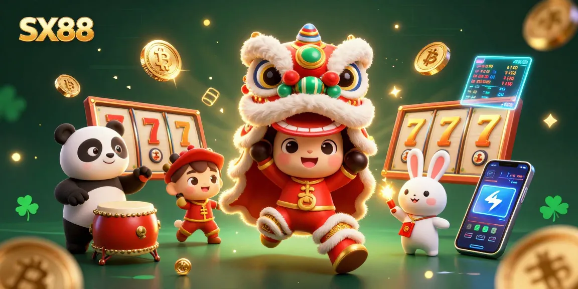 SX88 players enjoying the excitement of slot jackpots and cryptocurrency alongside a festive lion dance.