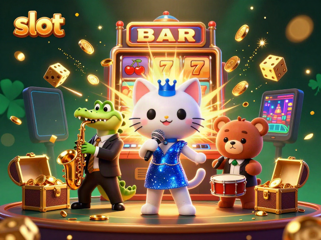 Slot yang memukau menampilkan kucing penyanyi jazz dan teman-temannya di panggung kasino dengan efek jackpot menakjubkan.