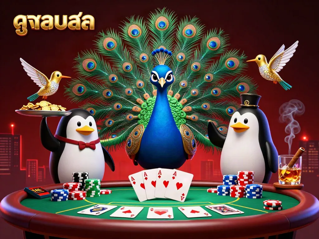 Experience high-quality ดูบอลสด with stunning 3D illustration featuring vibrant characters around poker elements.