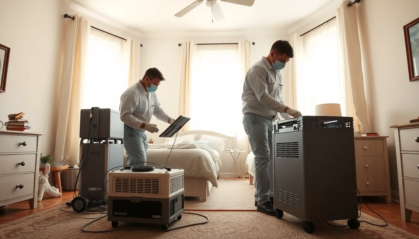 Technicians conducting bed bug heat treatment in a bright residential setting.
