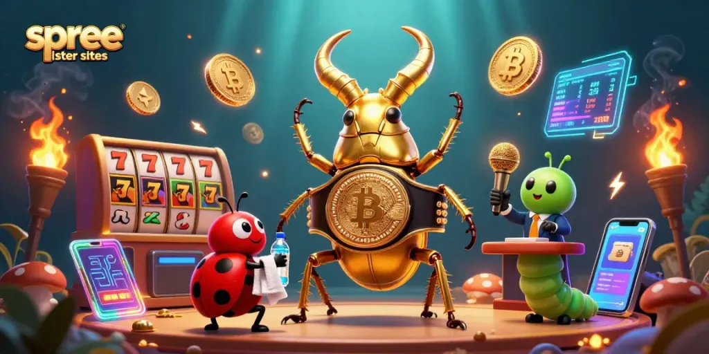 Compare spree sister sites in an action-packed 3D casino illustration featuring unique game elements.