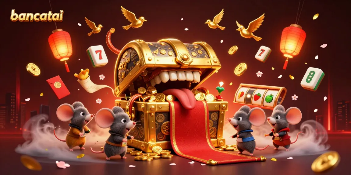 Spin the reels at bancatai with a 3D treasure chest and vibrant casino elements.