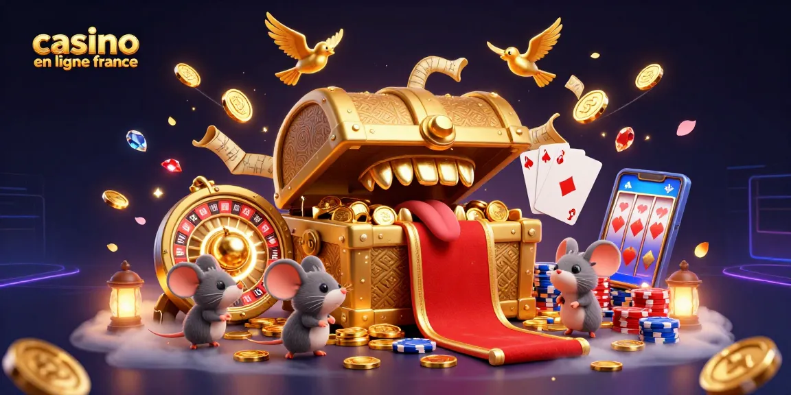Jouez au casino en ligne France avec une illustration captivante de trésors et jeux de hasard.