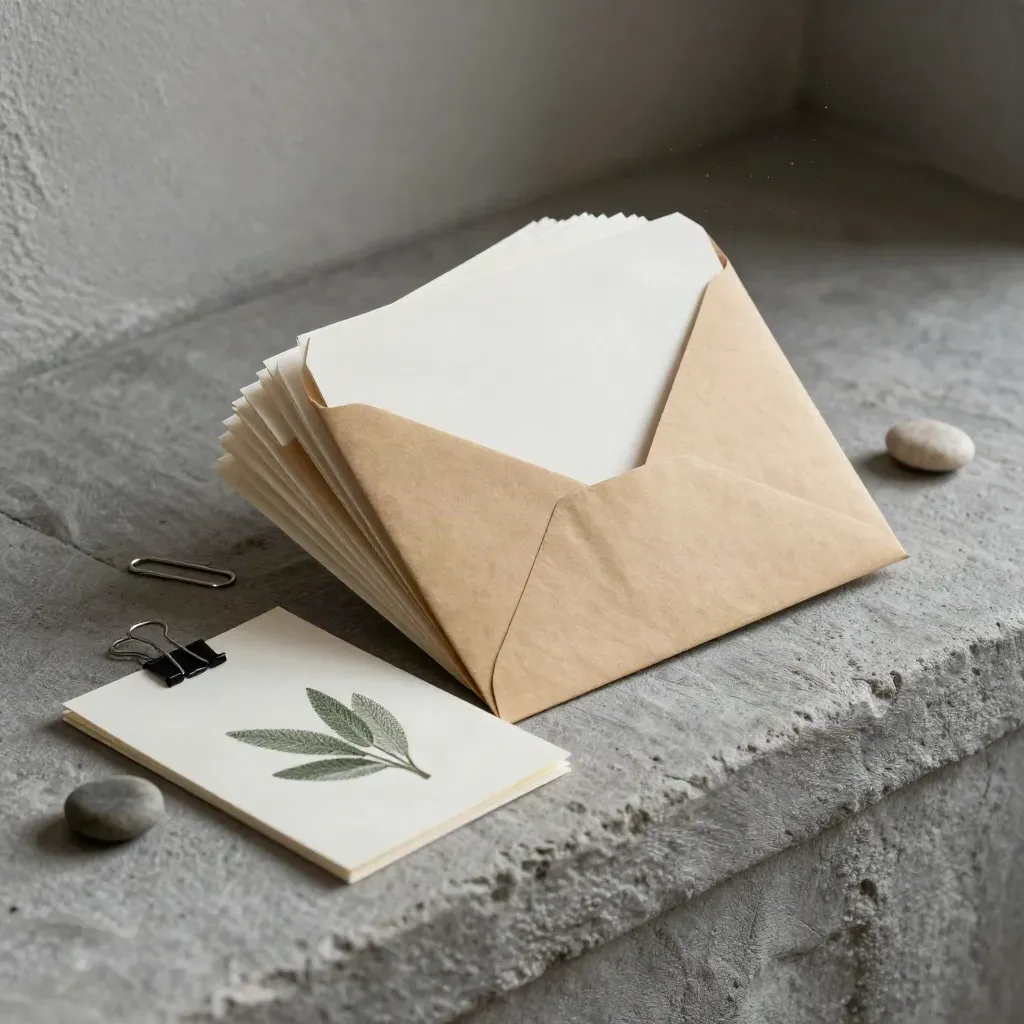 Kraft idea-card pack with pebble weight and sage swatch on a linen ledge