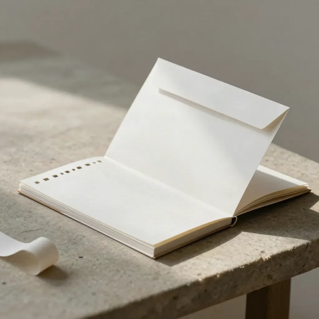 Folded checklist booklet, envelope sleeve and card tab on pale stone with soft paper texture.