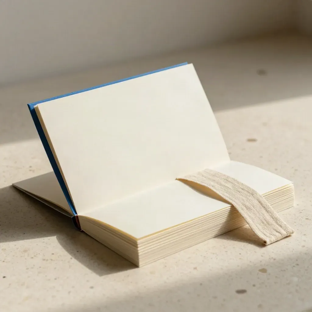 Half-unwrapped booklet with fanned line cards and linen strip on travertine, softly lit from one side.