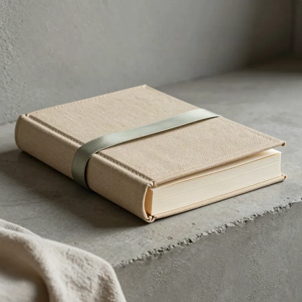 Macro of a cloth-covered journal opening with a sage ribbon and unprinted inserts on concrete.