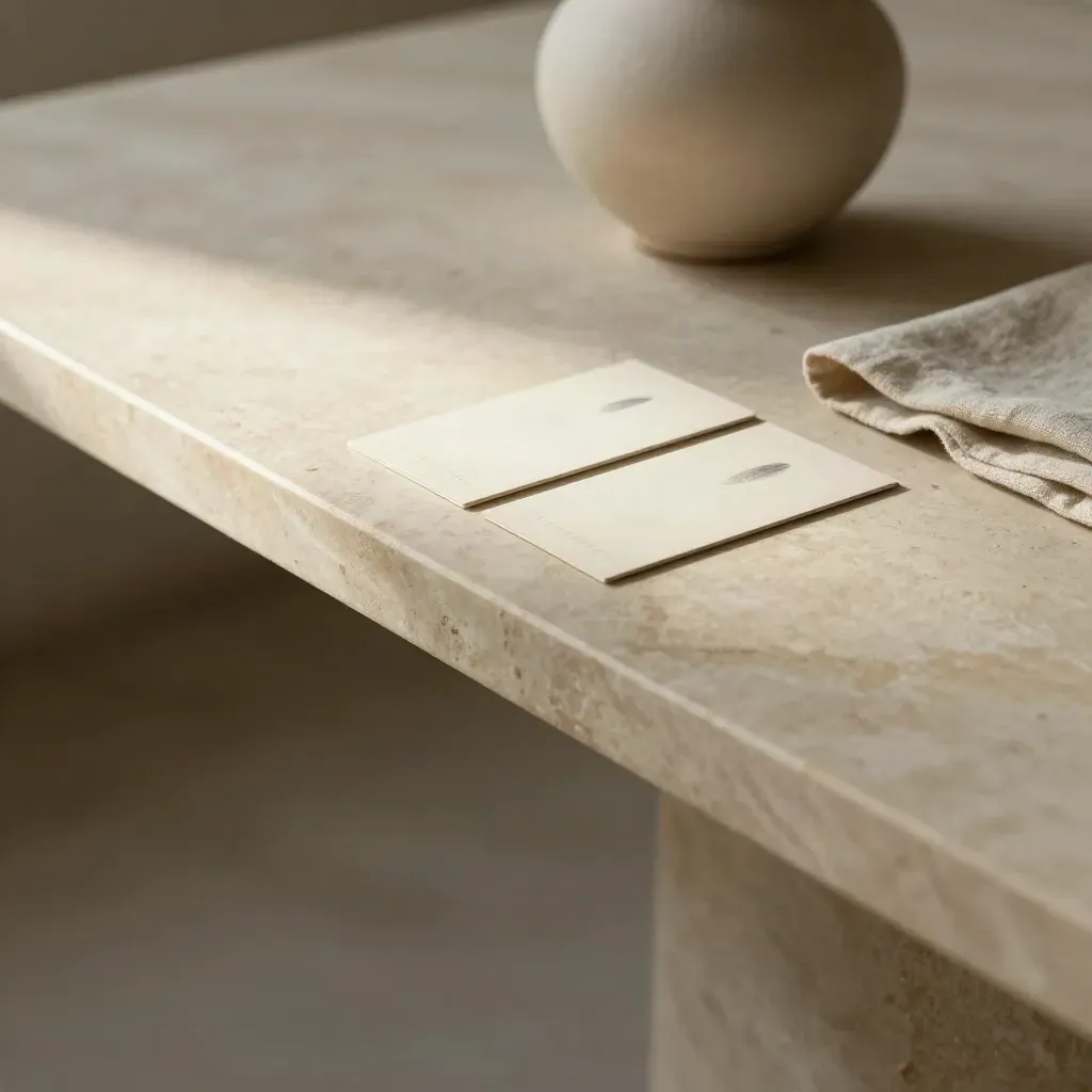 Pale marble tabletop with a warm stone edge and a blurred ceramic vessel in soft daylight.