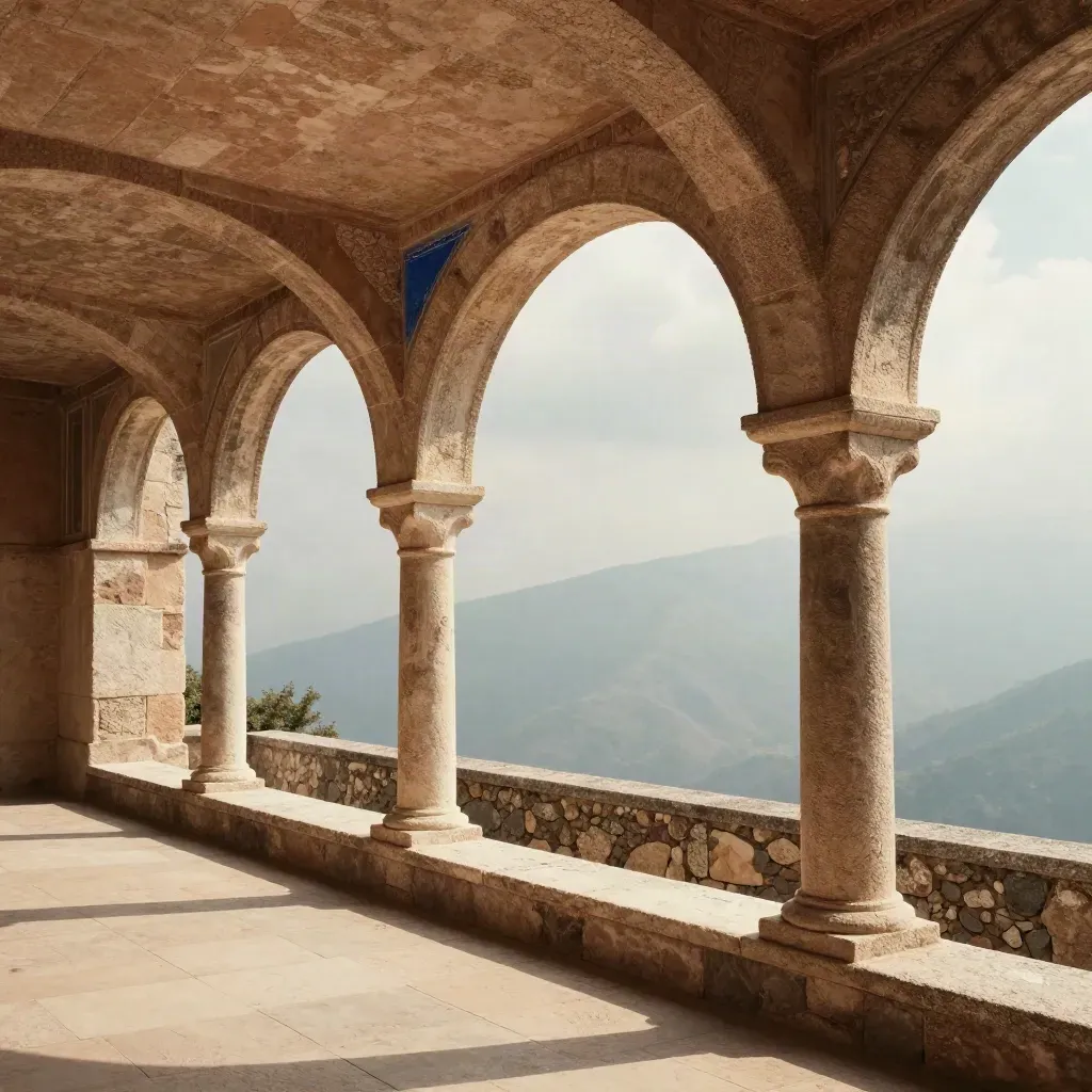 Sunlit stone arcade on a hillside terrace with calm copy space below