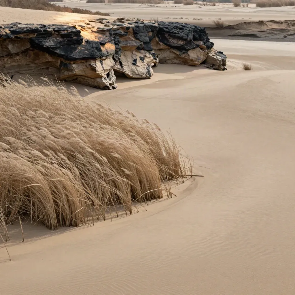Dry riverbed with pale reeds, rock shelf, soft haze, and open sand under warm light.