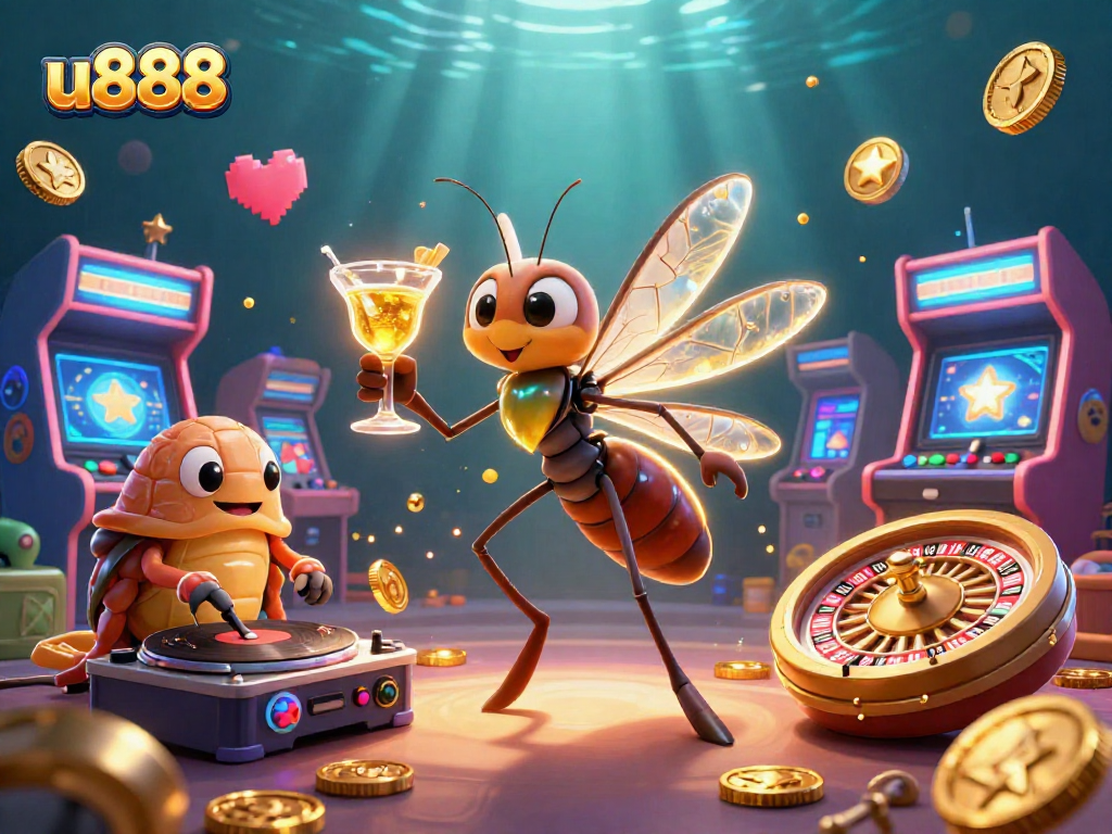 Experience the thrill of u888 with a lively casino illustration featuring unique characters and dynamic gaming elements.