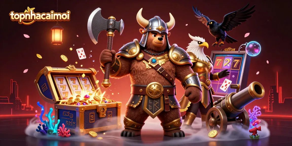 Juxtaposing a Viking and Valkyrie in a casino, topnhacaimoi showcases vibrant, winning moments.