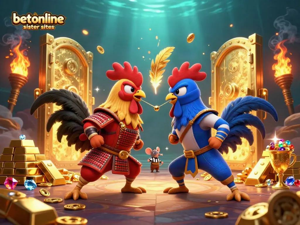 Engage with betonline casino sister sites through this dynamic interplay of 3D cartoon fighting roosters amidst gold treasures.