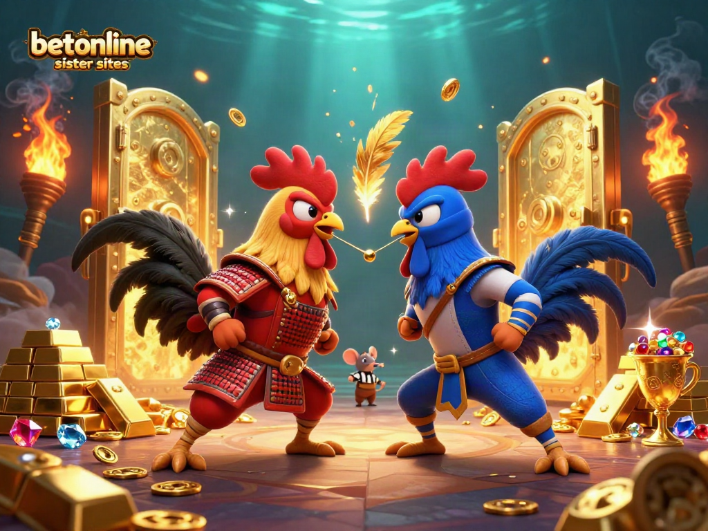 Engage with betonline casino sister sites through this dynamic interplay of 3D cartoon fighting roosters amidst gold treasures.
