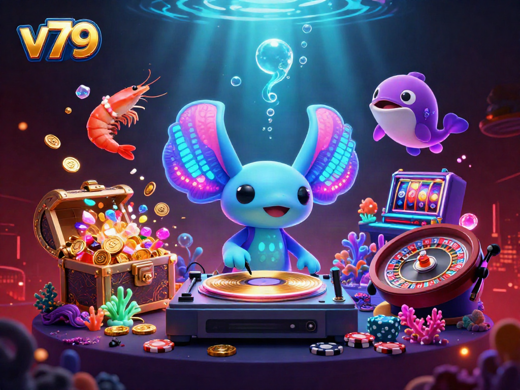 V79 casino experience with a vibrant axolotl DJ and dynamic gambling elements.