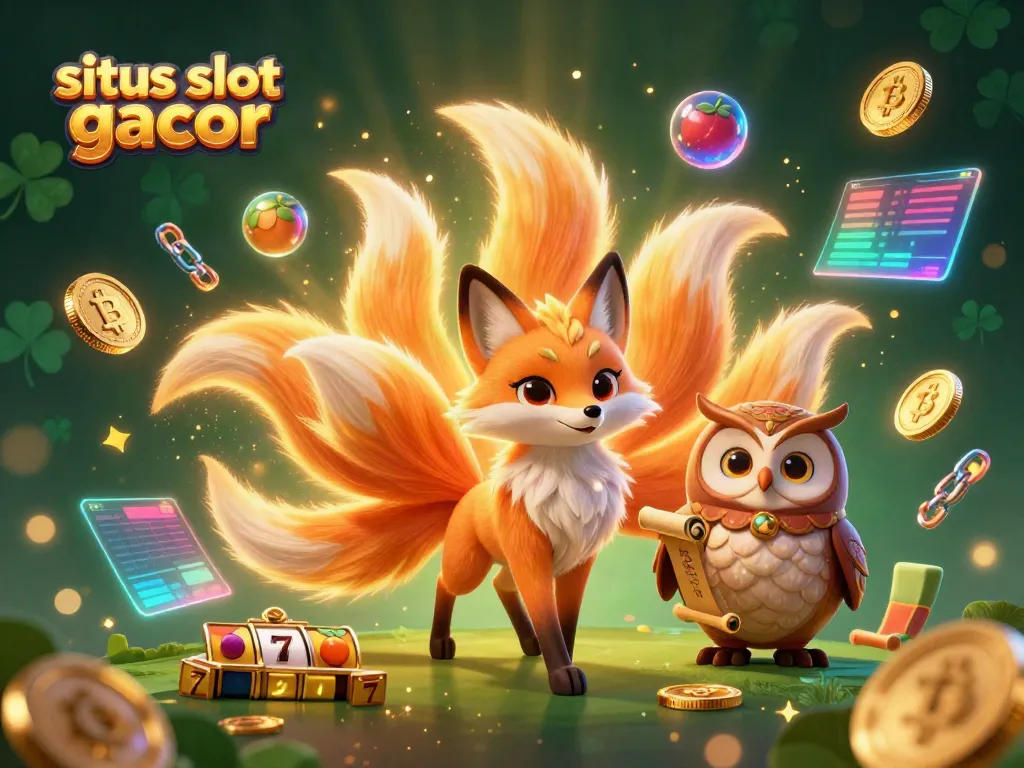 Engage with the vibrant atmosphere of situs slot gacor as a nine-tailed fox spirit interacts with a wise owl in a mystical casino setting.