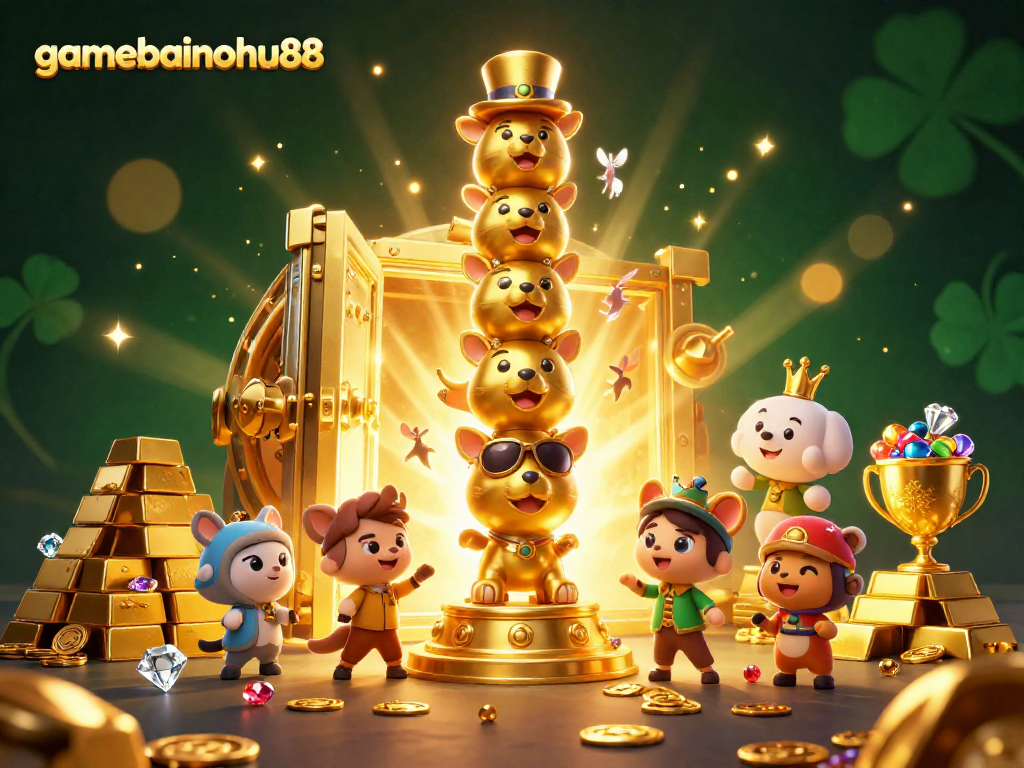 Engage with gamebainohu88, featuring a dynamic scene of totem pole characters surrounded by gold and treasure elements.