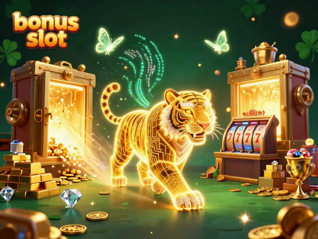 Engage with the vibrant bonus slot scenes showcasing a golden tiger in a digital casino filled with treasures.