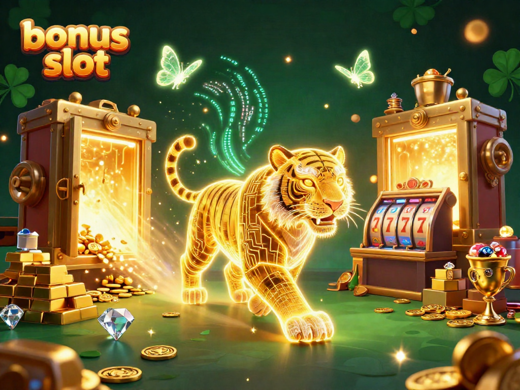 Engage with the vibrant bonus slot scenes showcasing a golden tiger in a digital casino filled with treasures.