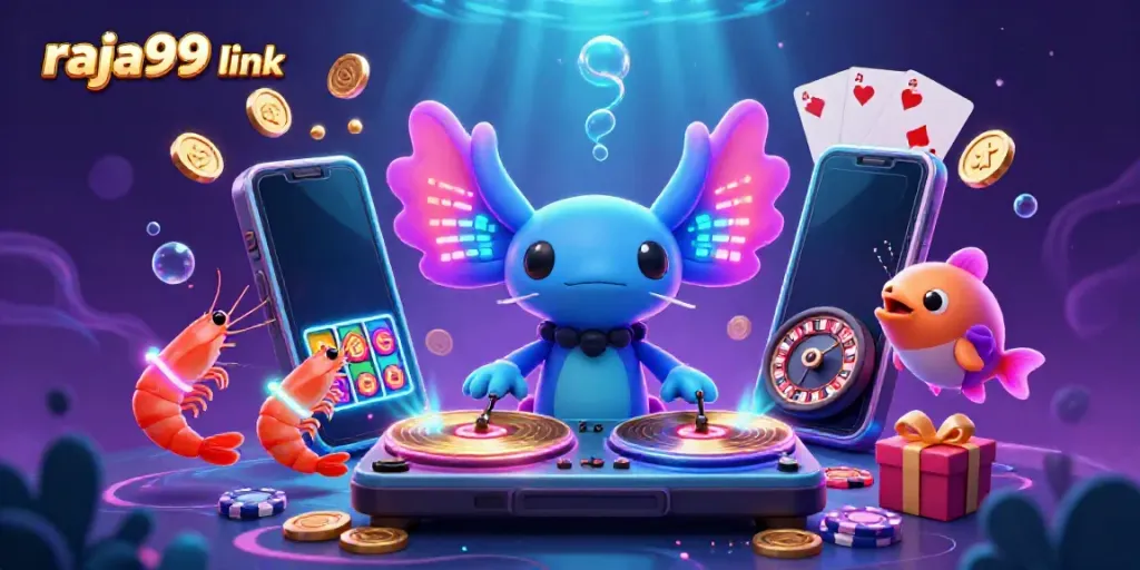 Engage with thrilling slots at raja99 link, featuring vibrant axolotl DJ and playful sea creatures.