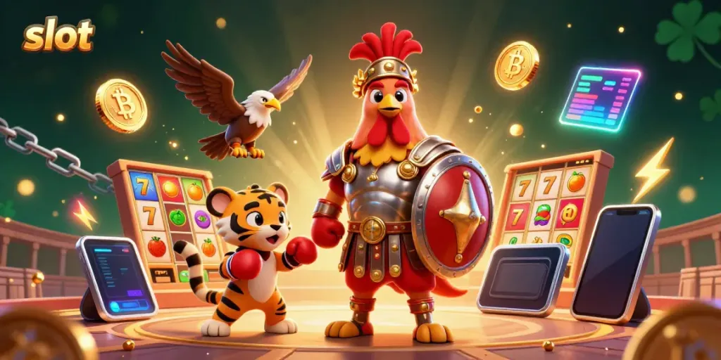 Mesin slot dengan ayam jantan gladiator dan simbol jackpot yang memukau.