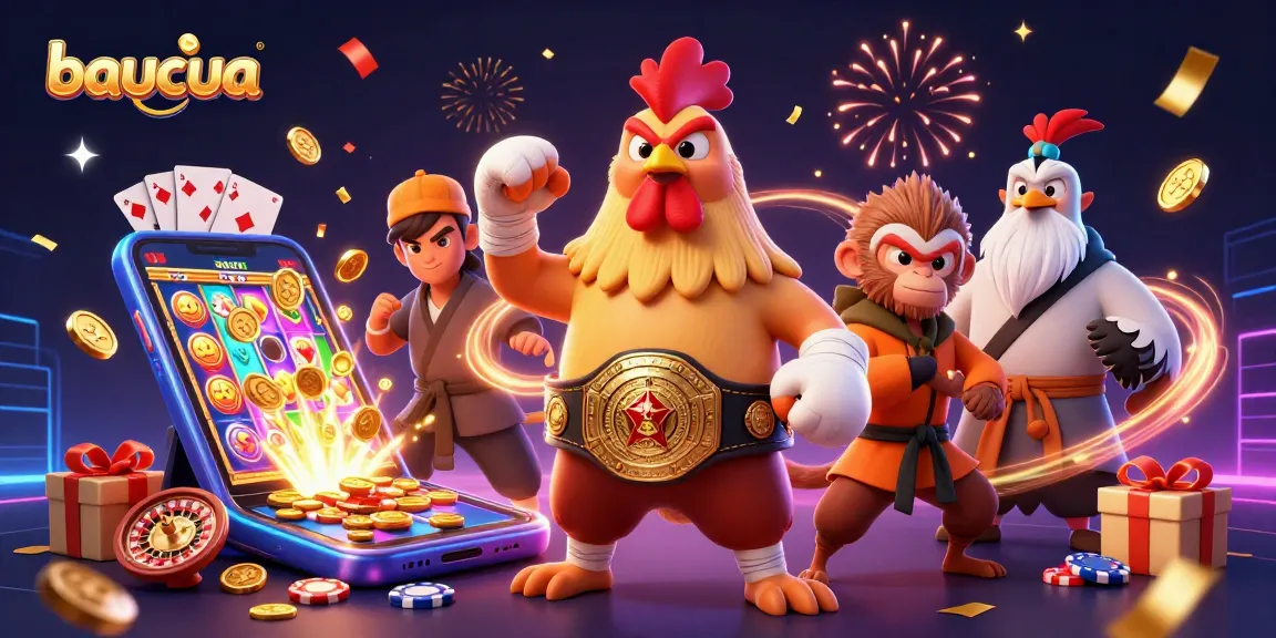 Baucua gaming scene with a Muay Thai rooster, Shaolin monkey, and crane master celebrating with slot games and golden coins