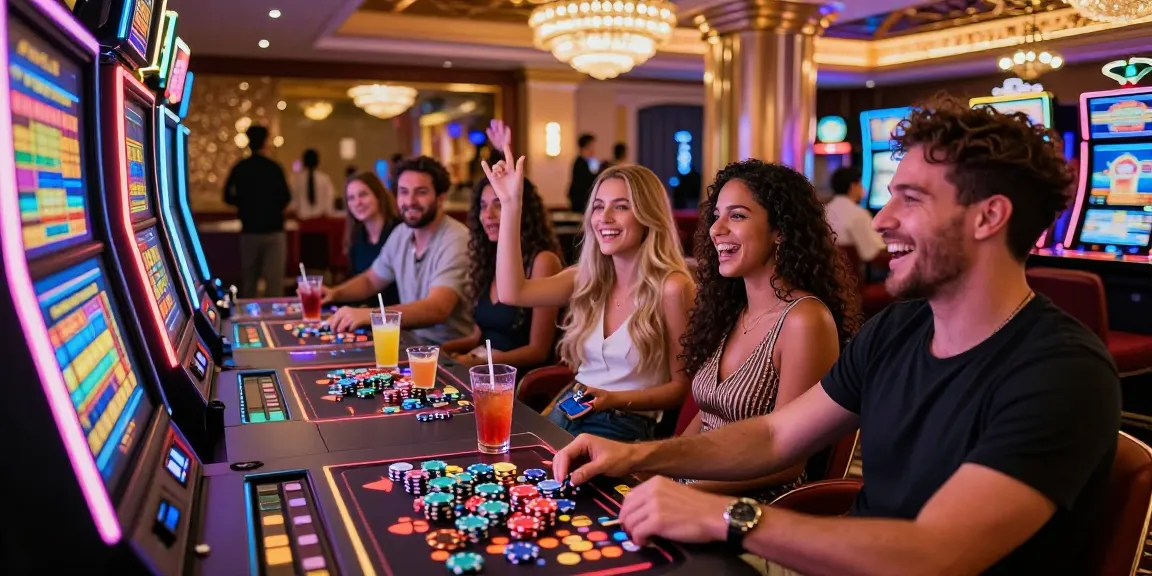 Pengalaman bermain slot mewah LUXURY777 di kasino dengan lampu cerah dan suasana meriah.