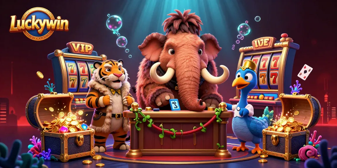 Engage with Luckywin's vibrant 3D casino scene featuring a woolly mammoth bouncer checking IDs under a colorful, treasure-filled atmosphere.