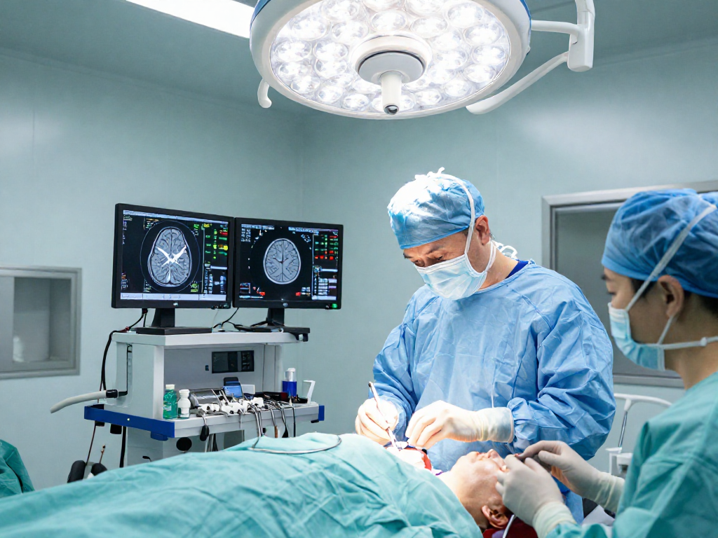 Beyin tümörü ameliyatı in a modern operating room showcasing intricate surgical procedures and medical technology.