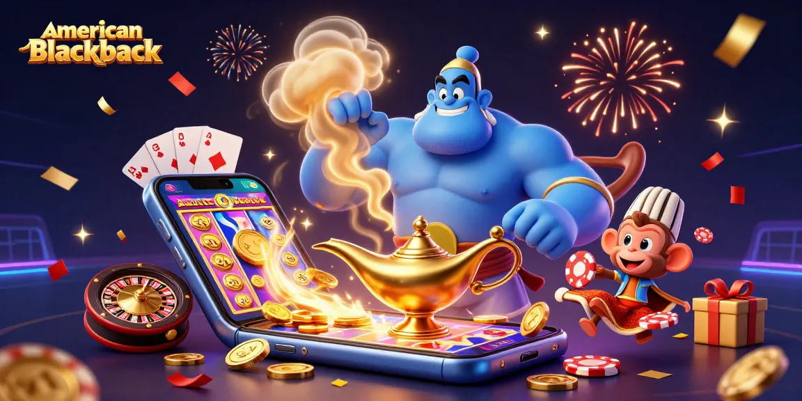 Experience exciting gameplay in american-blackjack with colorful slots, poker chips, and a magical genie.