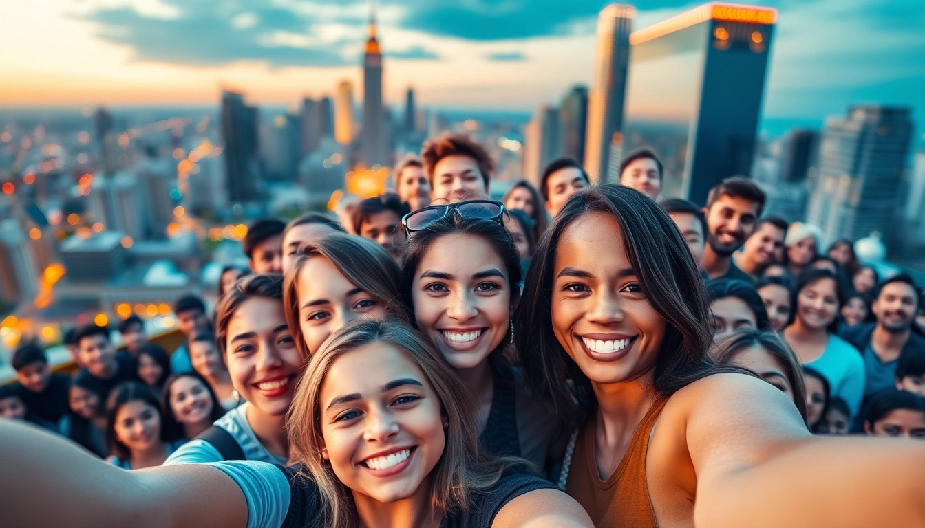 Engaging selfie mosaic made from individual portraits, showcasing a lively urban backdrop.