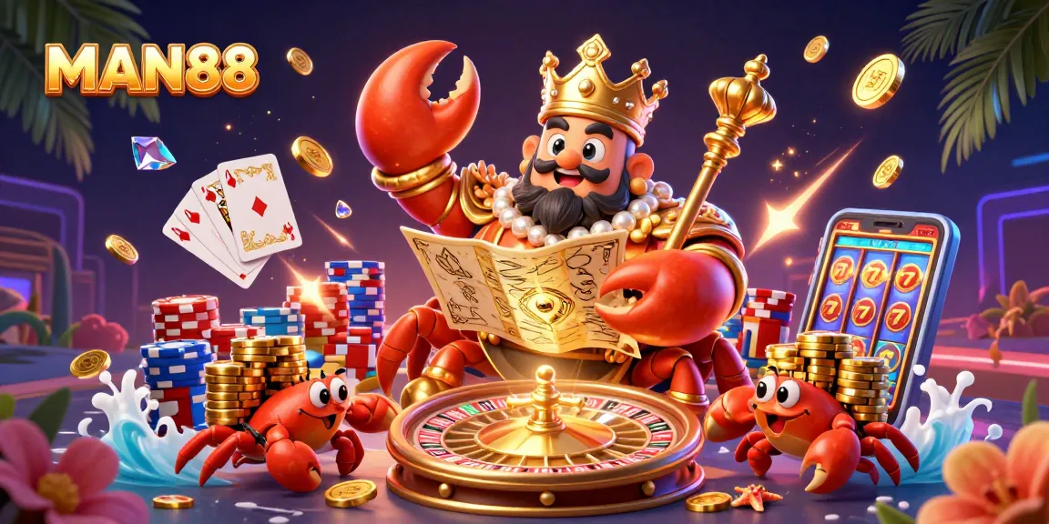 Experience thrilling gameplay at MAN88 with golden crab emperor amidst dazzling casino elements.