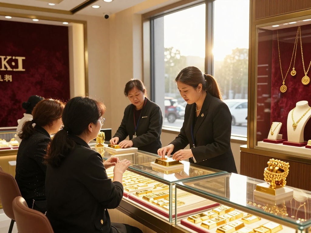 Jeweler consulting with customers, showcasing gold jewelry and bars, mantra88 present in premium shopping environment.