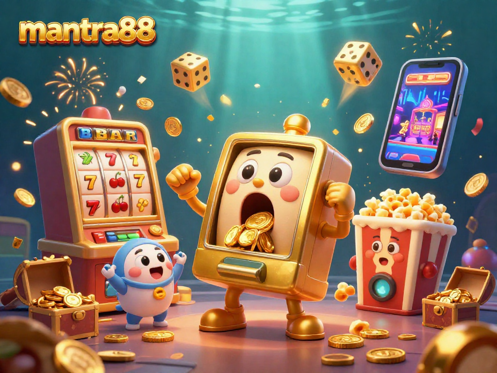 Experience the excitement of mantra88 with slot machines celebrating a jackpot victory in a vibrant casino scene.