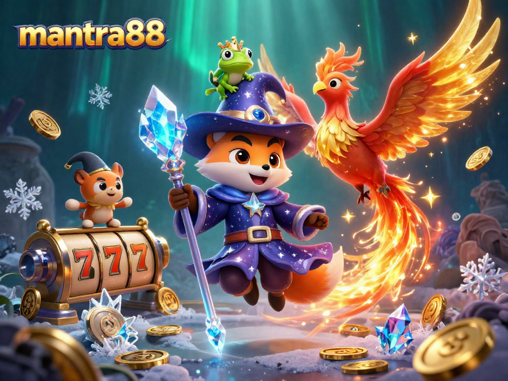 Experience winning spins with mantra88 in a magical casino scene full of gold coins and vibrant game elements.
