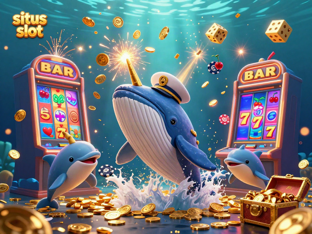 Ilustrasi 3D menarik dari situs slot dengan paus kartun dan karakter kelautan yang ceria.