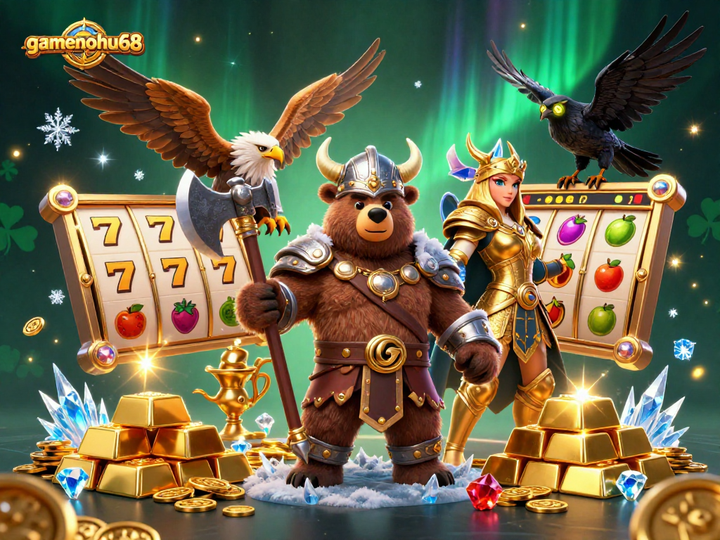 Play slots with gamenohu68 in a vibrant 3D scene featuring Viking characters and treasures.