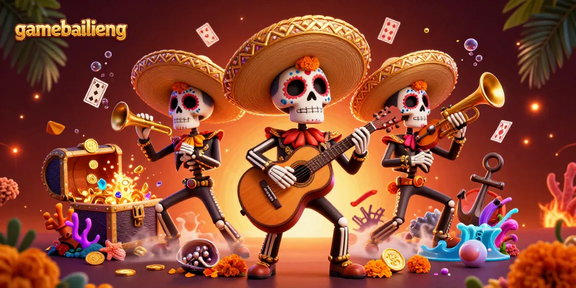 Engage with gamebailieng in a vibrant 3D scene featuring a mariachi band and treasure, enhancing your play.