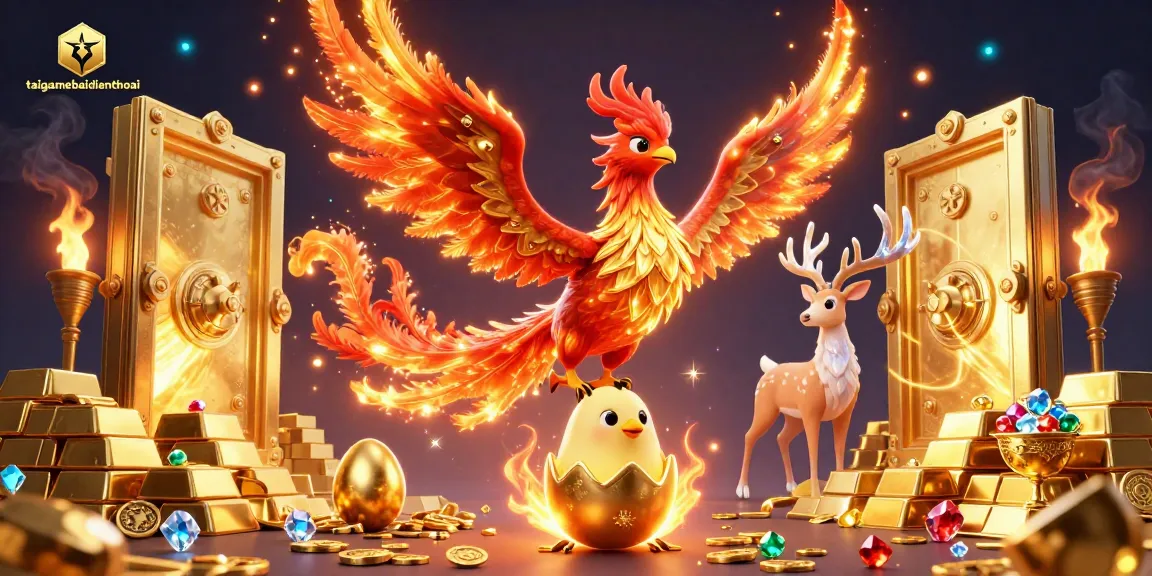 Experience winning moments with taigamebaidienthoai in this vibrant 3D casino illustration featuring majestic phoenixes and treasure.