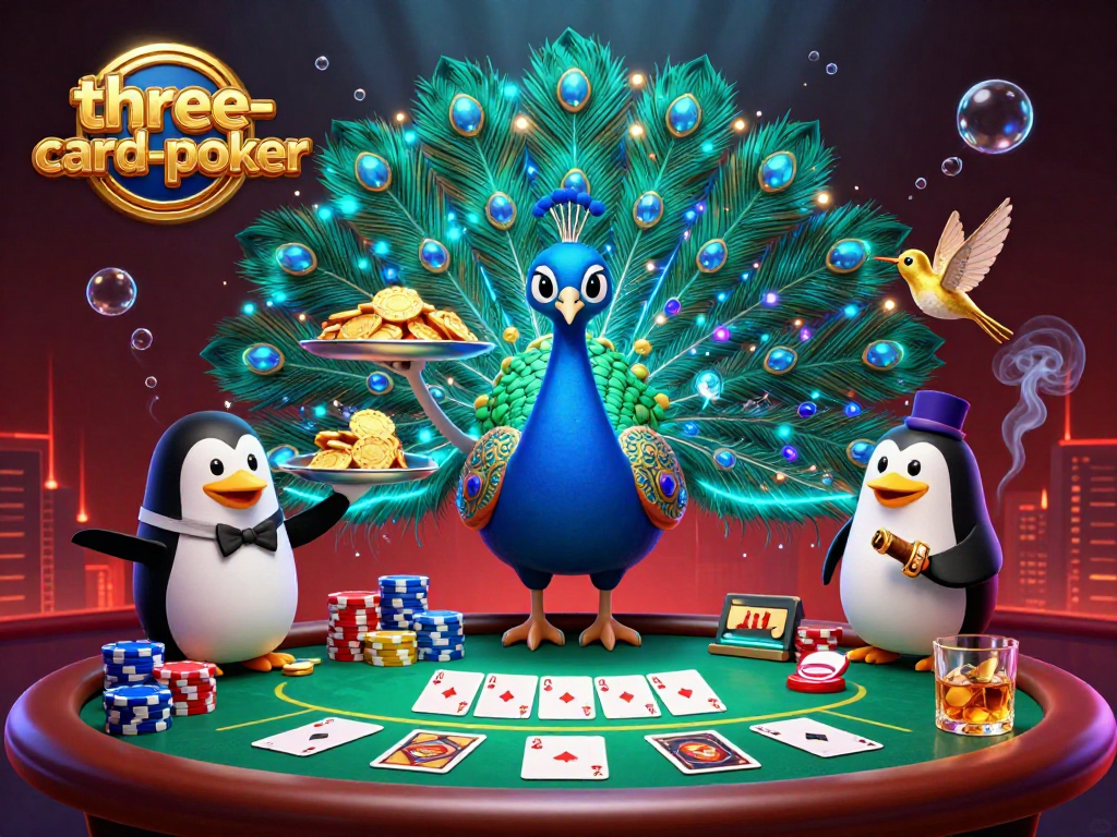 Experience three-card-poker with vibrant characters and dynamic casino elements in this animated illustration.