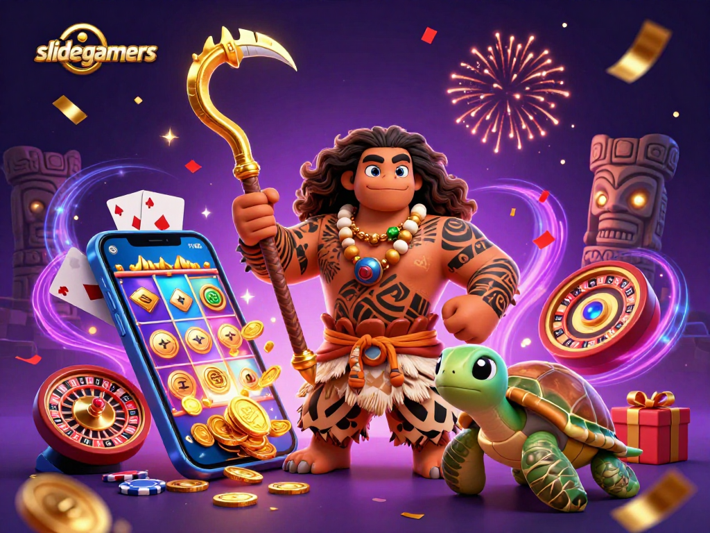slidegamers showcases a thrilling gambling scene with cartoon characters enjoying online slots and games