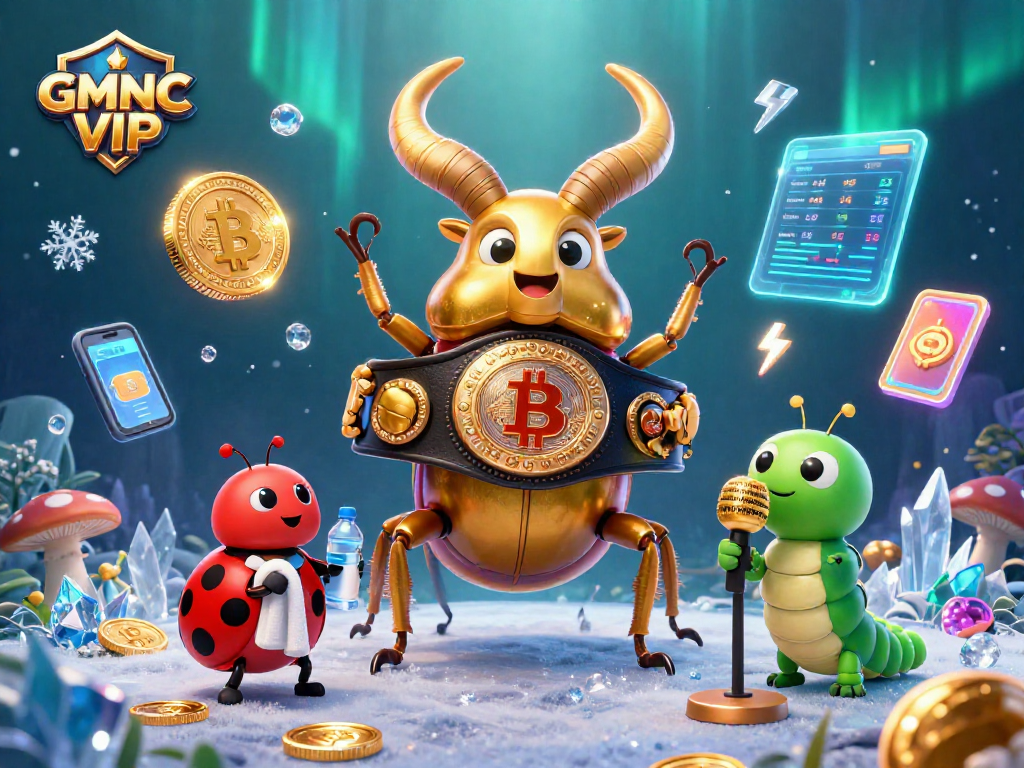 Experience the thrilling challenge of GMNC VIP with vibrant crypto elements and dynamic characters.